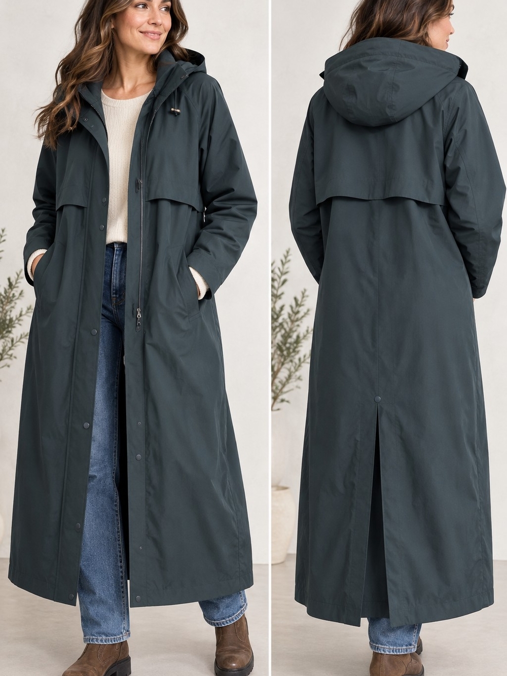 Vintage 90s L.L.Bean Women’s Medium Army Green Waterproof Hooded Trench Raincoat